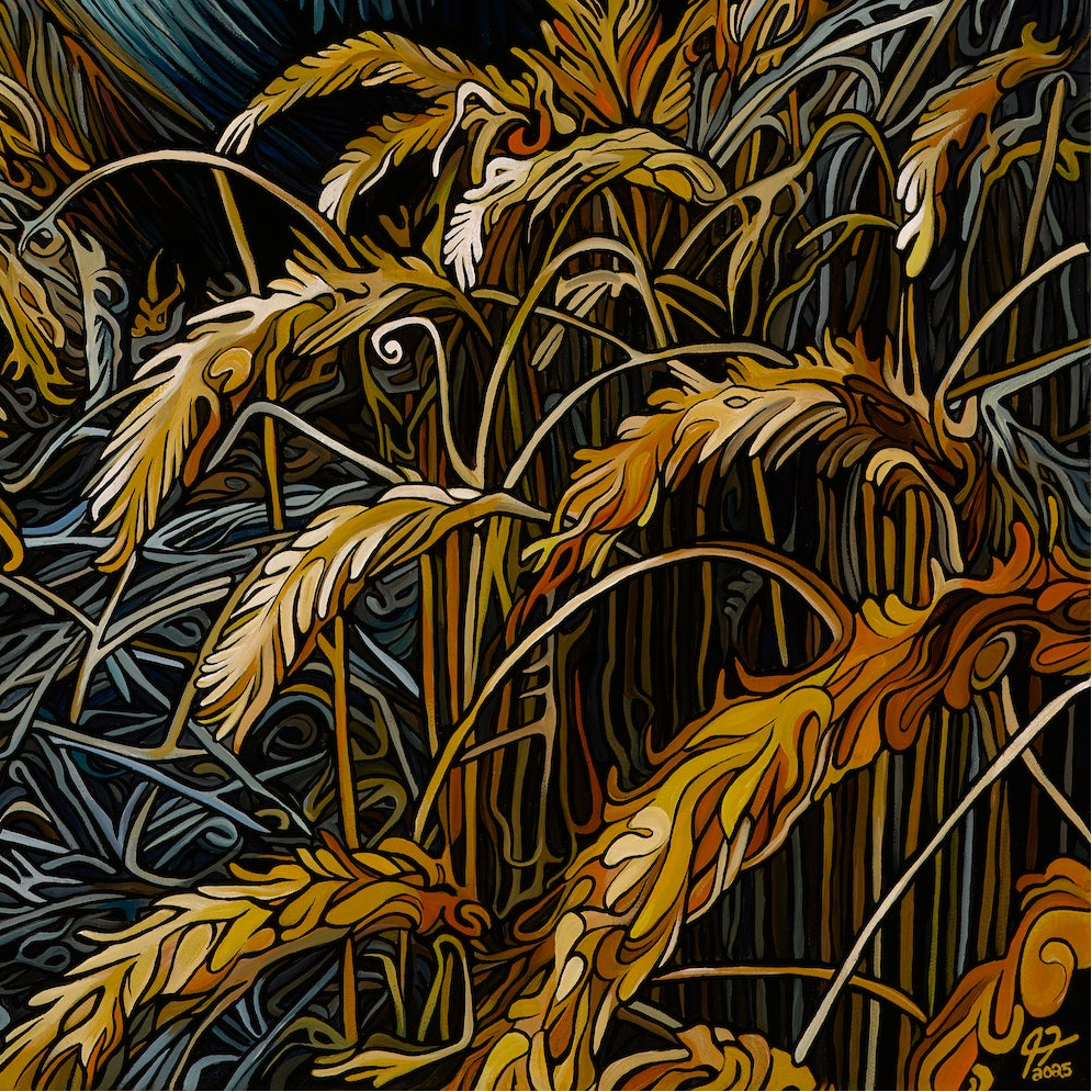 Where I Stand (301) features stylized golden wheat with swirling lines and abstract patterns in gold, brown, and blue—perfect for farmhouse decor or pairing with sunrise art.