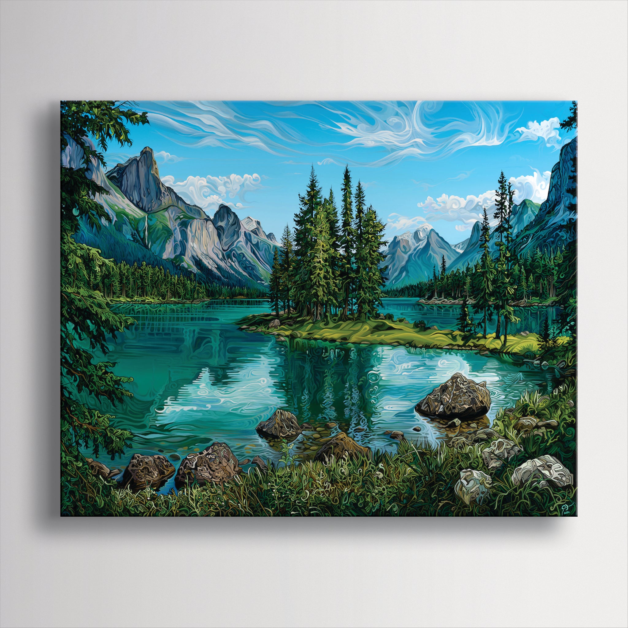 Modern interior with a large landscape painting on the wall, wooden console table, and white bench.