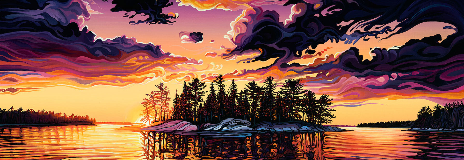 Colorful sunset over a lake with trees on an island