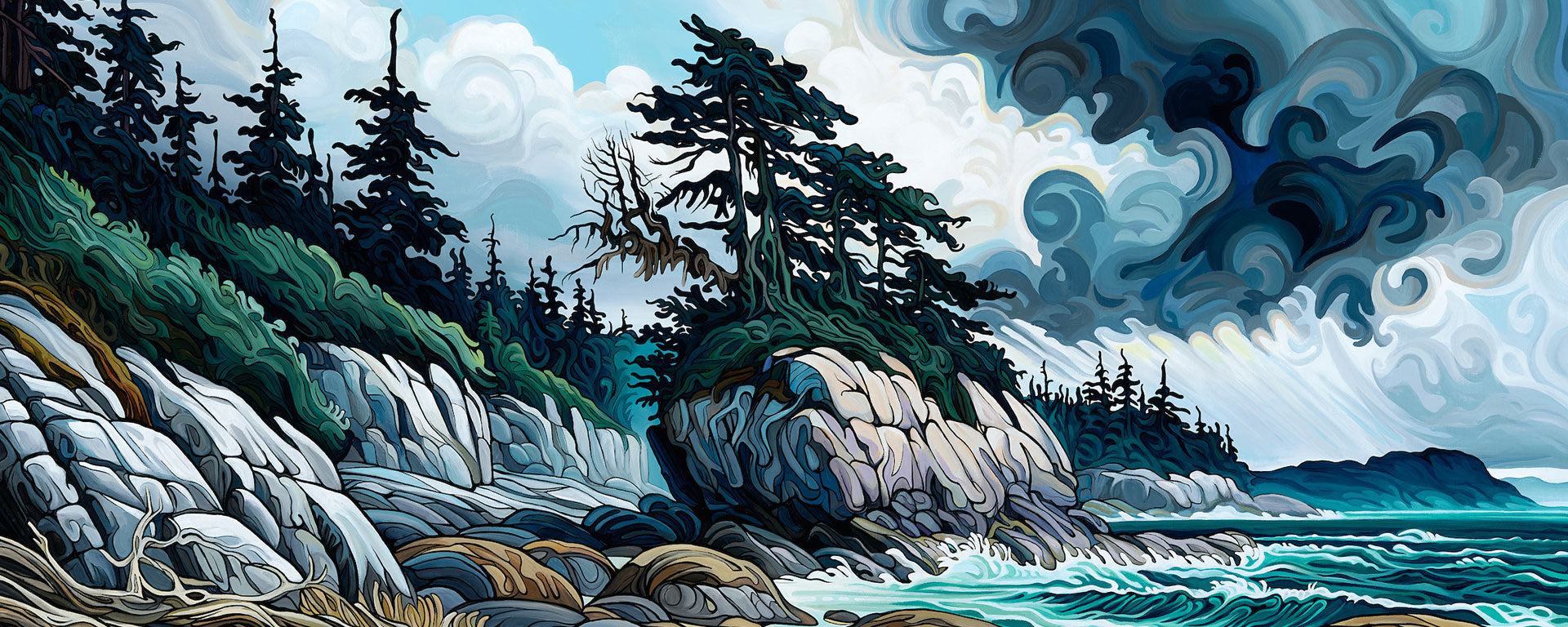 Artistic depiction of a coastal scene with rocky shore, trees, and turbulent sea.