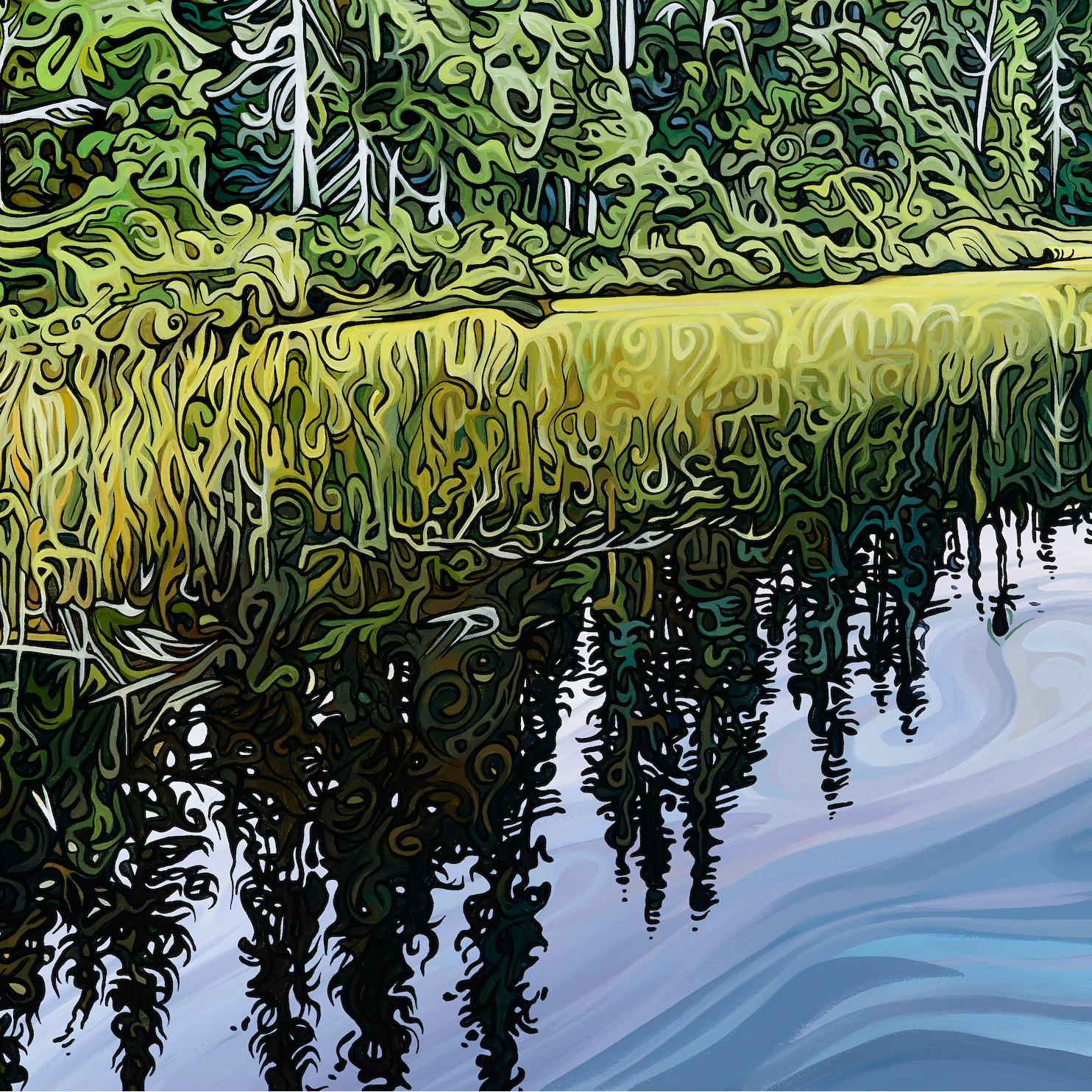 Acrylic painting of a forested lakeshore with dense evergreen trees and grasses reflected in still water under layered, drifting clouds