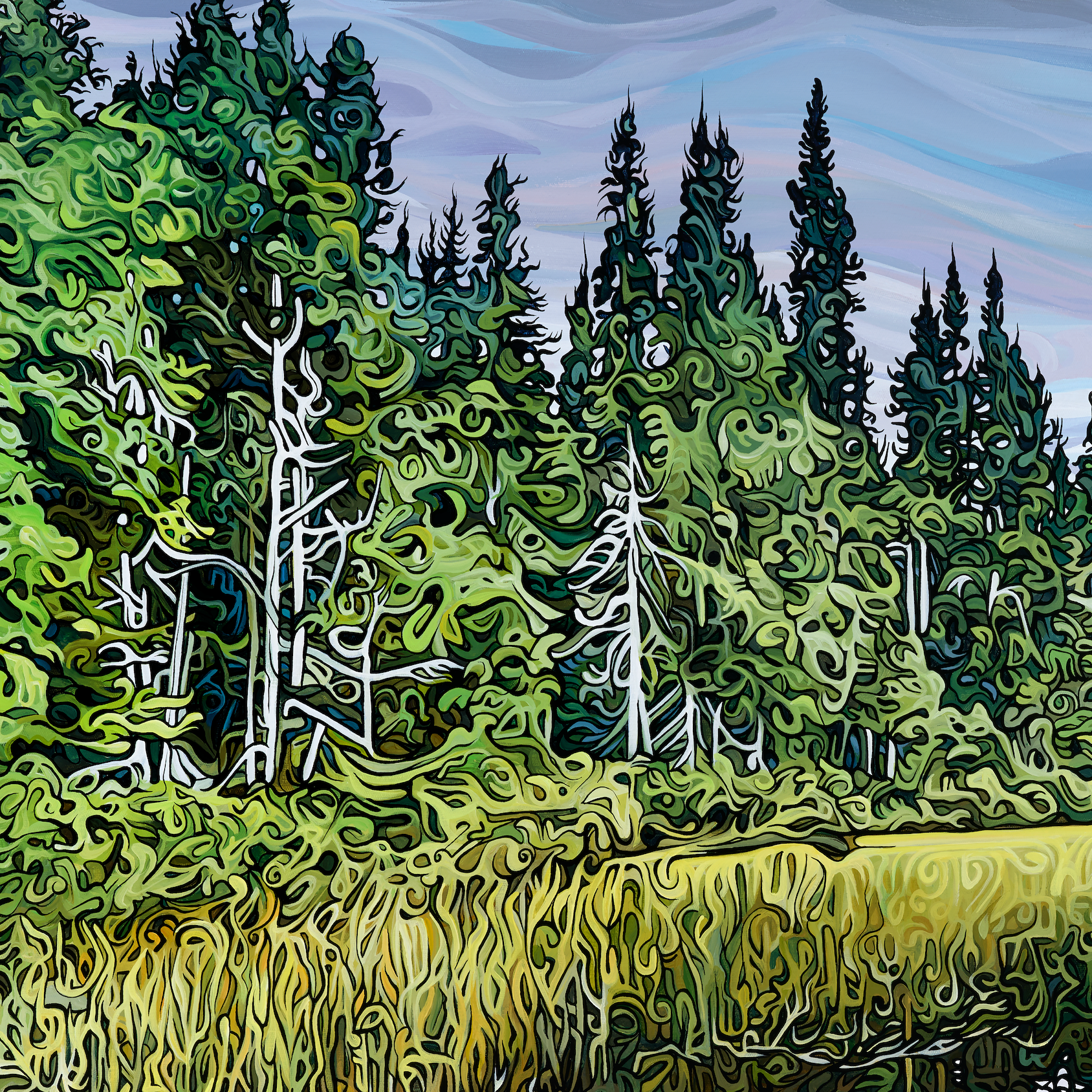 Acrylic painting of a forested lakeshore with dense evergreen trees and grasses reflected in still water under layered, drifting clouds