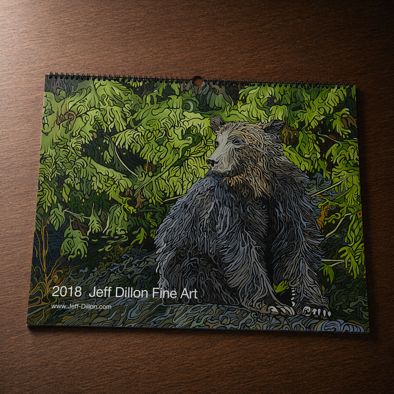Illustrated bear surrounded by green foliage, artwork by Jeff Dillon Fine Art.