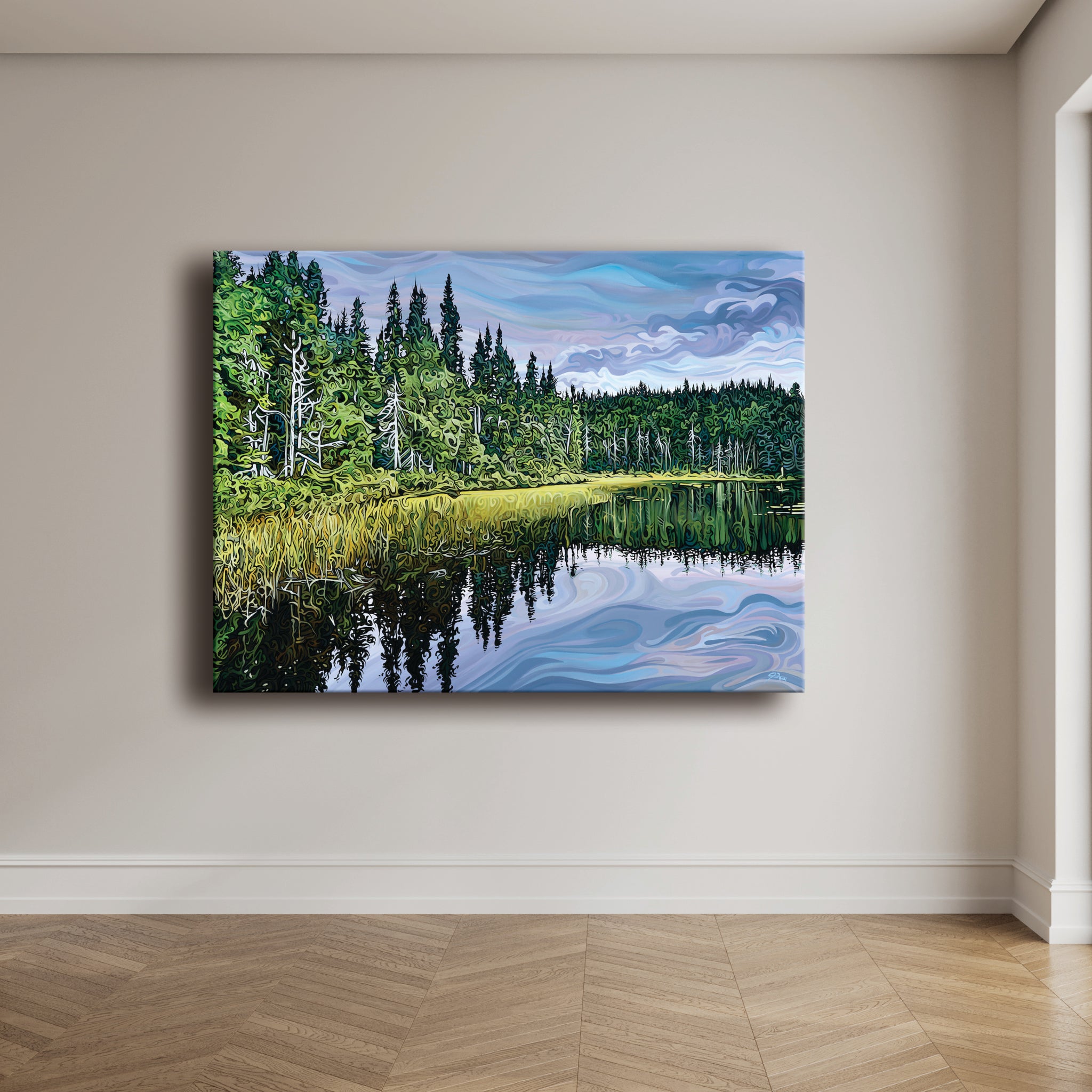 painting of a forested lakeshore with dense evergreen trees and grasses reflected in still water under layered, drifting clouds