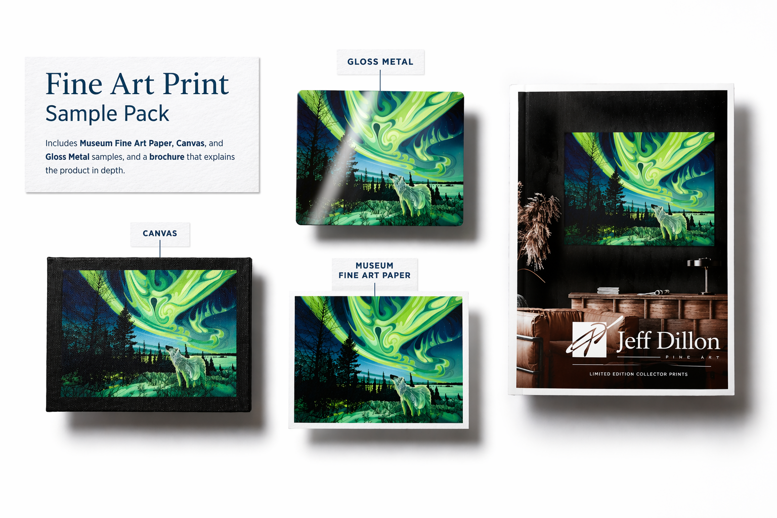 Jeff Dillon Fine Art Fine Art Print
Sample Pack
Includes Museum Fine Art Paper, Canvas, and Gloss Metal samples, and a brochure that explains the product in