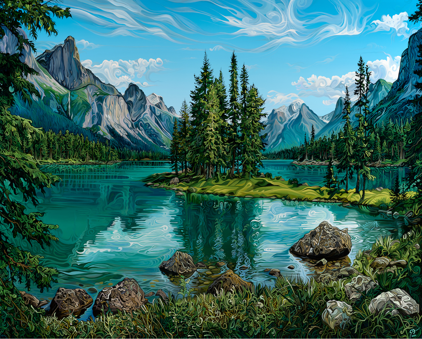 Scenic landscape with a lake, trees, and mountains.