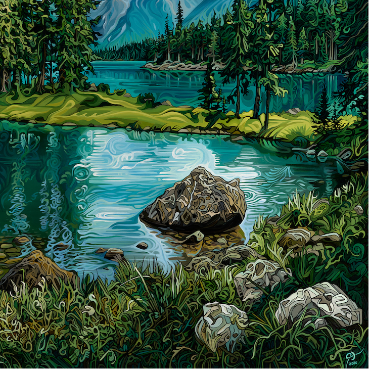 Scenic landscape with a lake, trees, and mountains