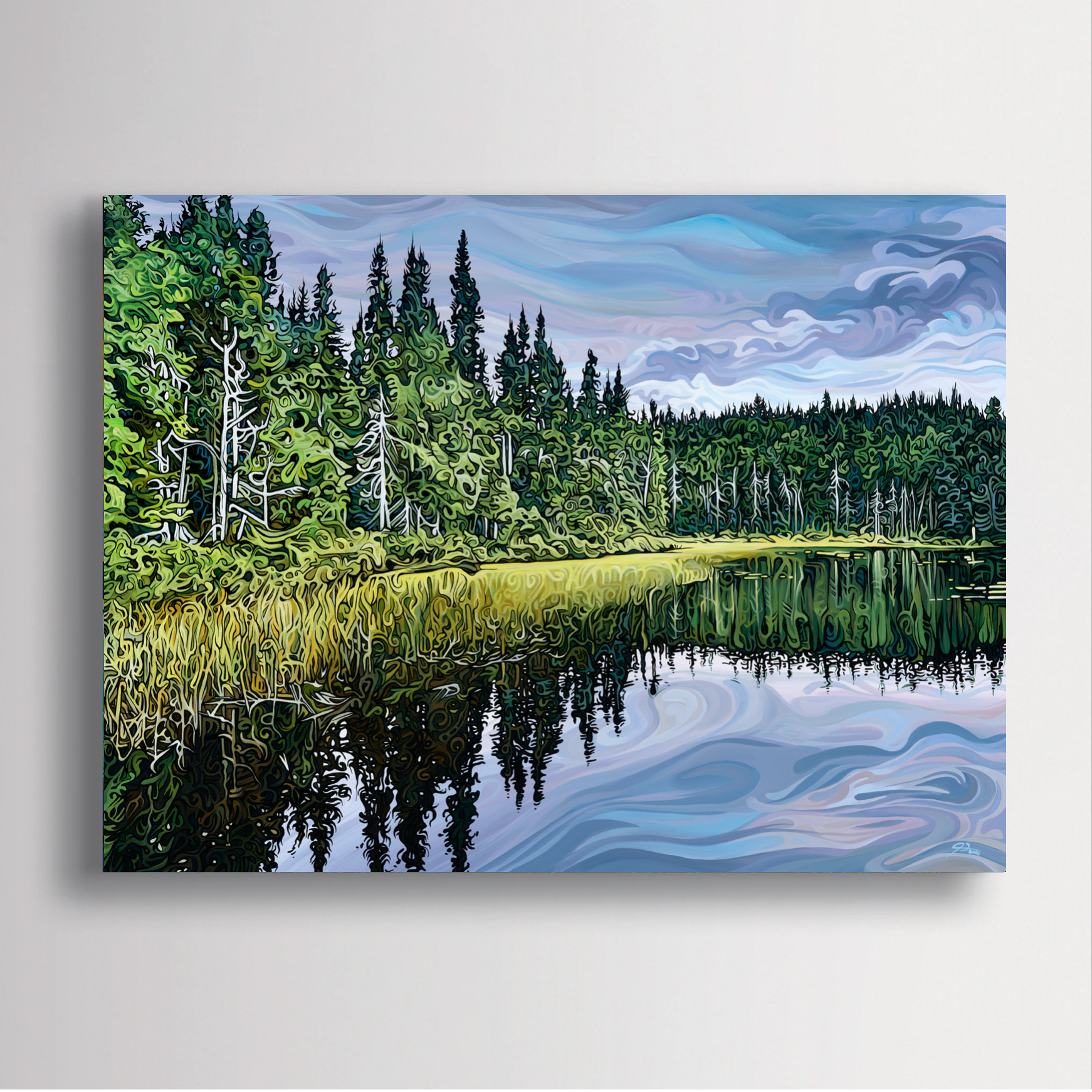 Acrylic painting of a forested lakeshore with dense evergreen trees and grasses reflected in still water under layered, drifting clouds